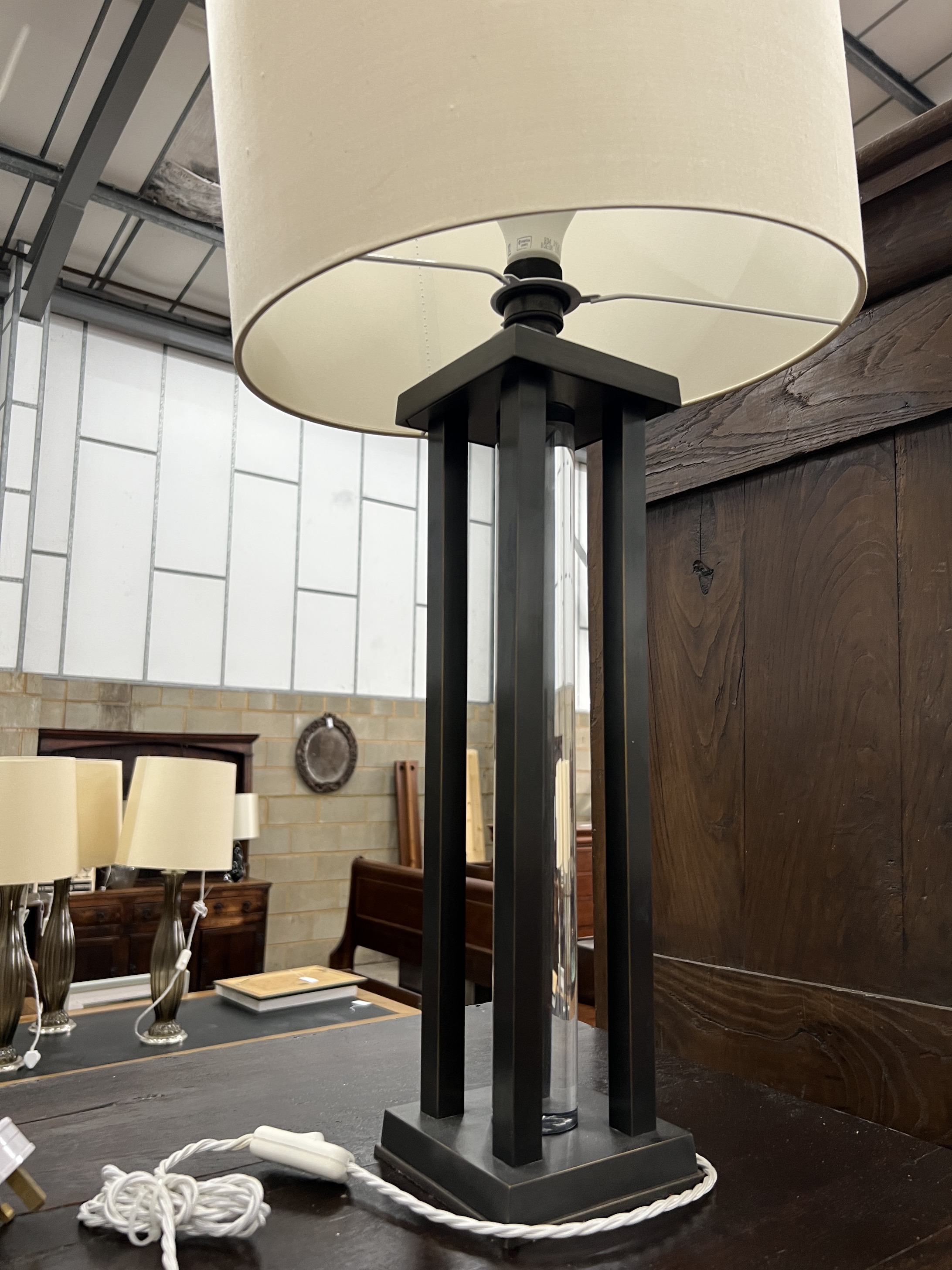 A pair of contemporary metal and perspex table lamps and shades, height 75cm including shades